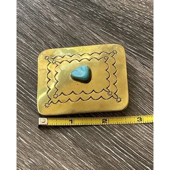 Navajo Yellow Brass Turquoise Women’s Belt Buckle Flower Engraved Signed ER - Picture 4 of 9